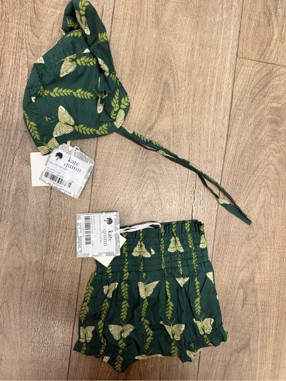 kate quinn Green Butterfly Bonnet & Bloomers Set with Yellow Accents 03 month